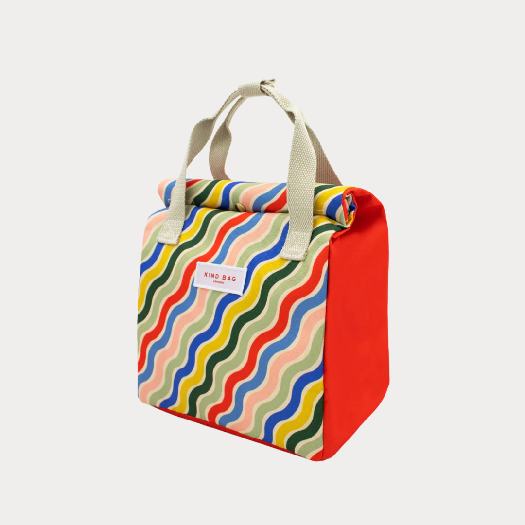 Red and multicolored wave-patterned insulated lunch bag with beige handles.