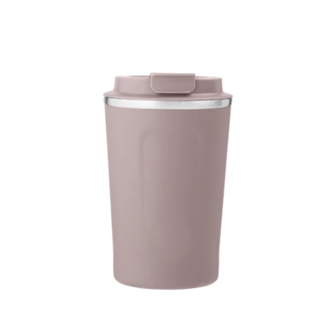 Dusty rose insulated travel mug with a silver lid.