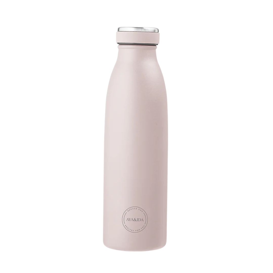 Pale pink insulated water bottle with silver lid and subtle branding.
