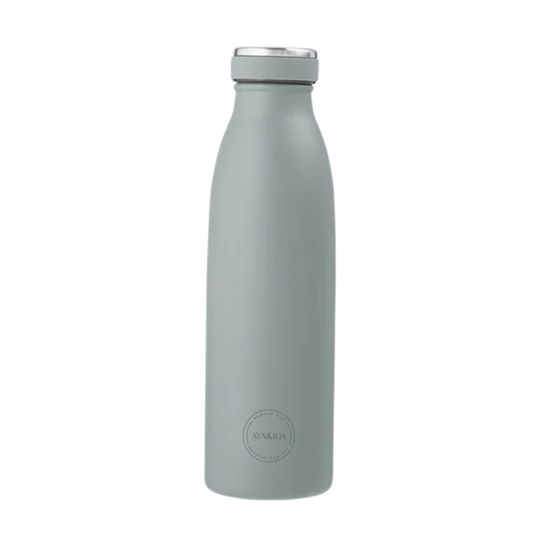 Sage green insulated water bottle with stainless steel lid and subtle branding.