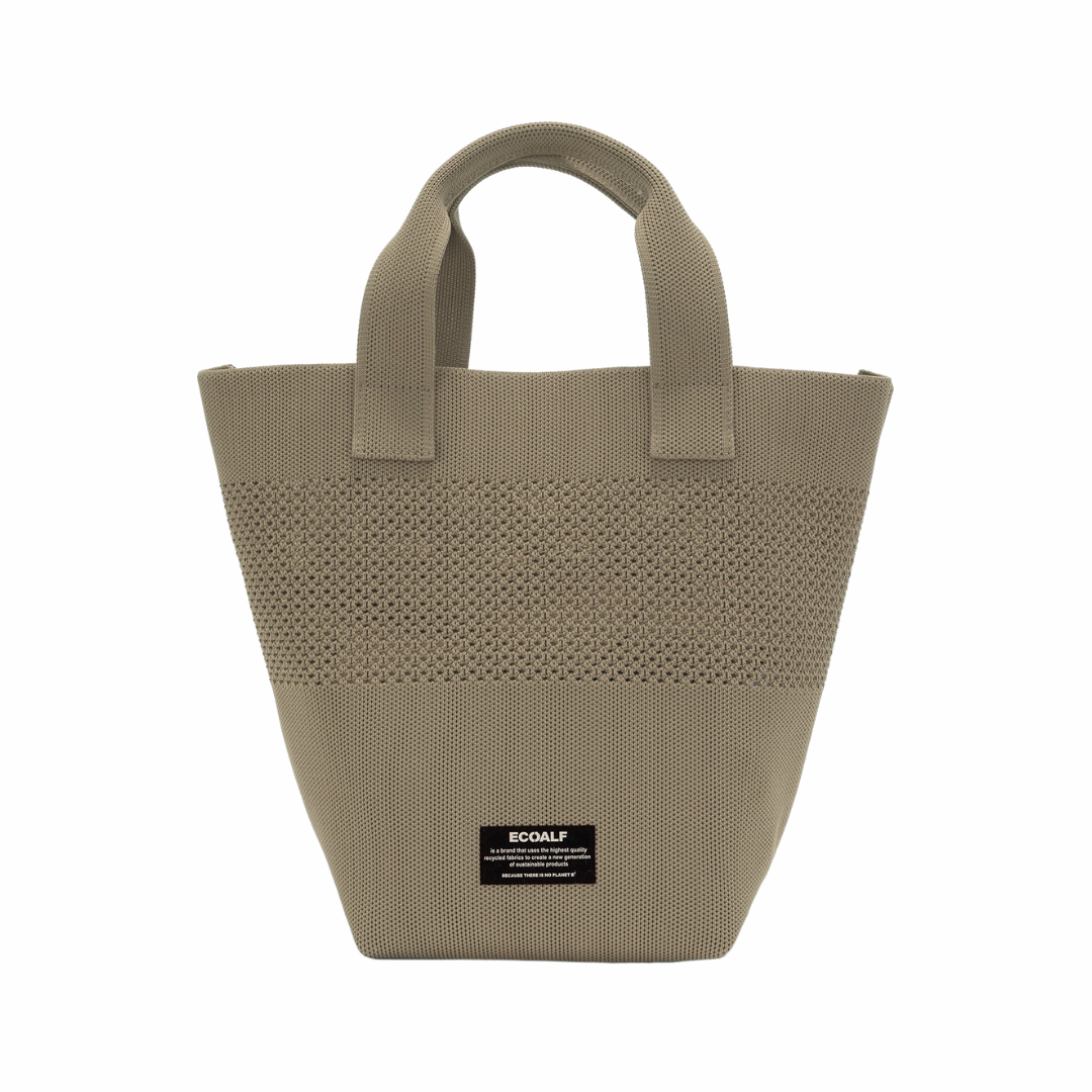 Taupe Ecoalf tote bag with short handles and a textured knit fabric.  The bag features a small brand label on the bottom.