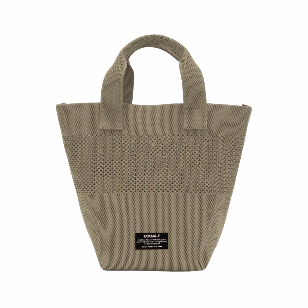 Beige Ecoalf tote bag with textured design and sturdy handles, featuring a label on the front.