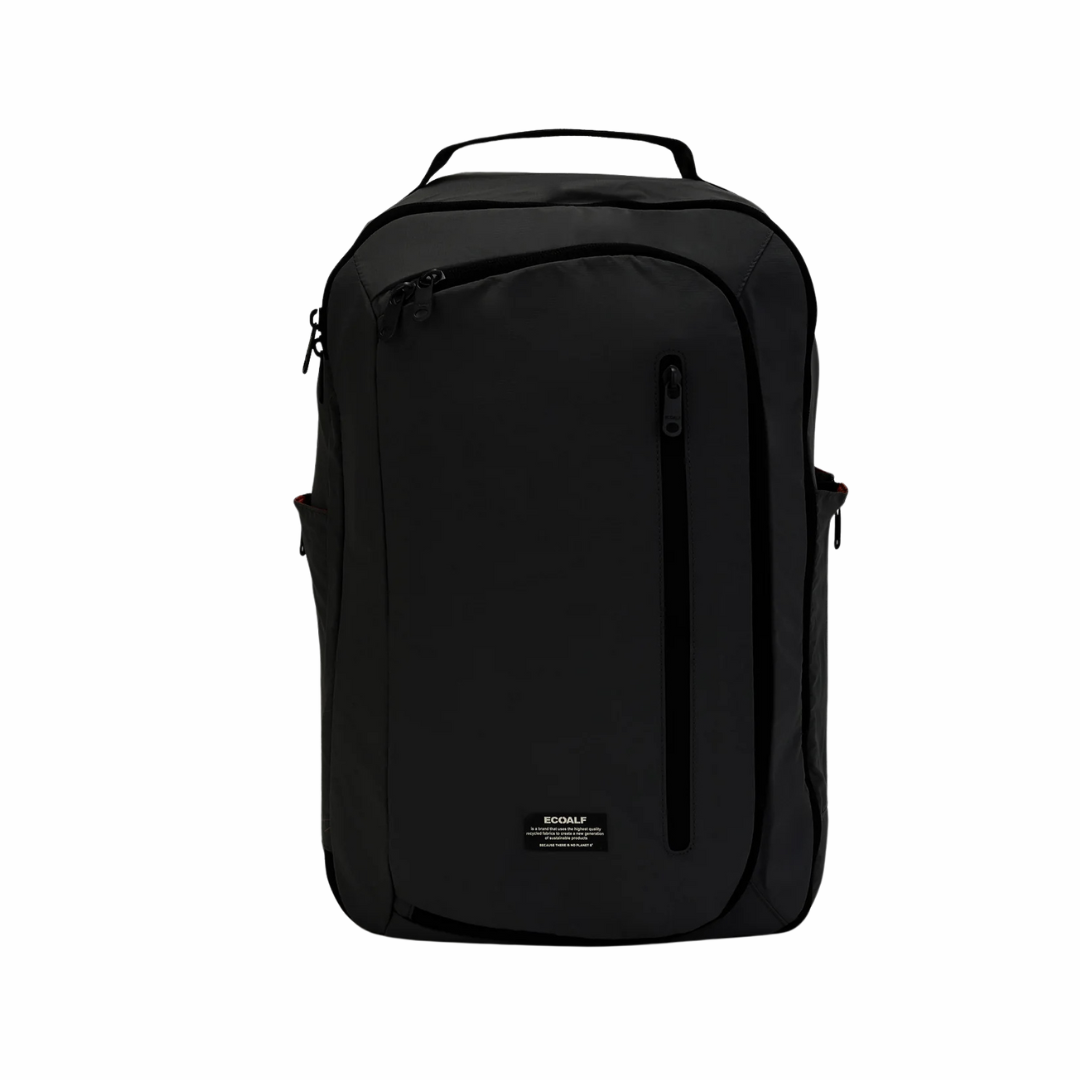 Black Ecoalf backpack with zippered front pocket and top handle.