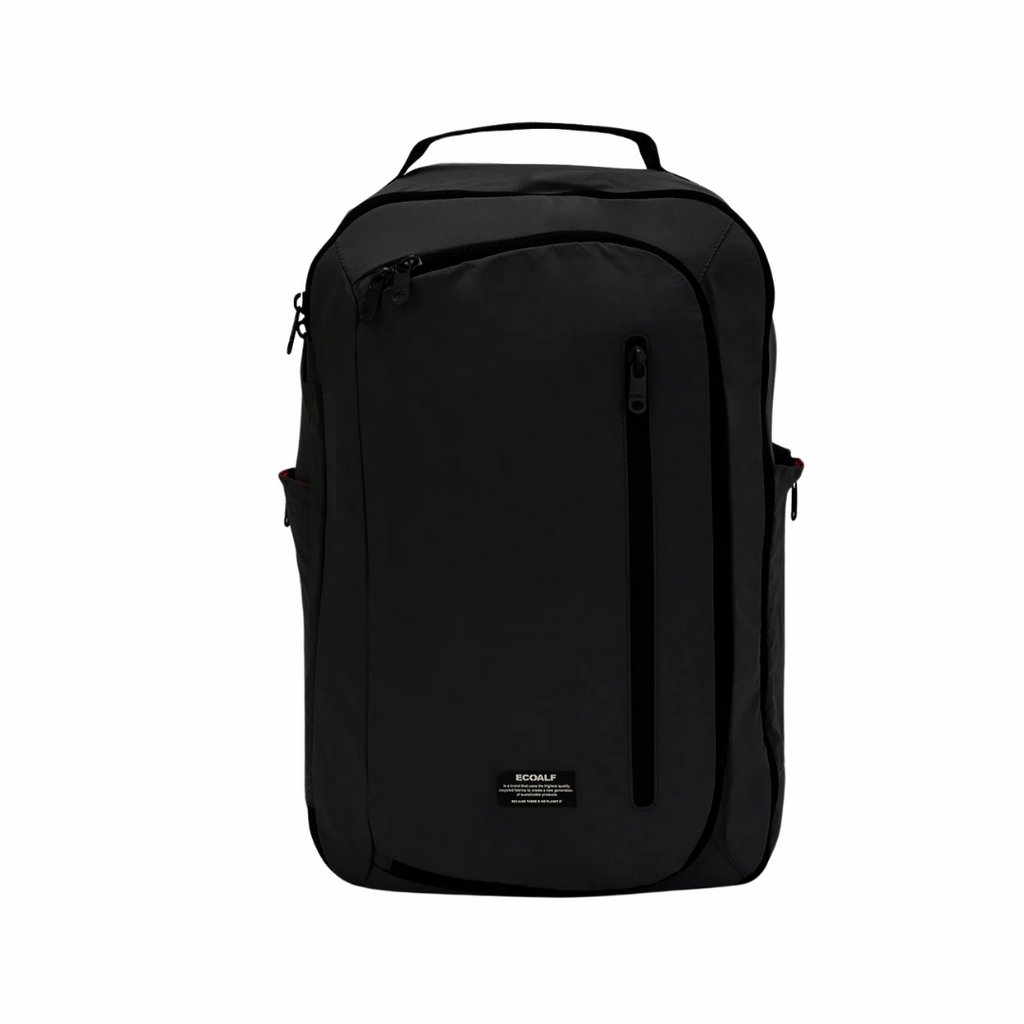 Black Ecoalf backpack with a front zipper pocket and a sleek design.