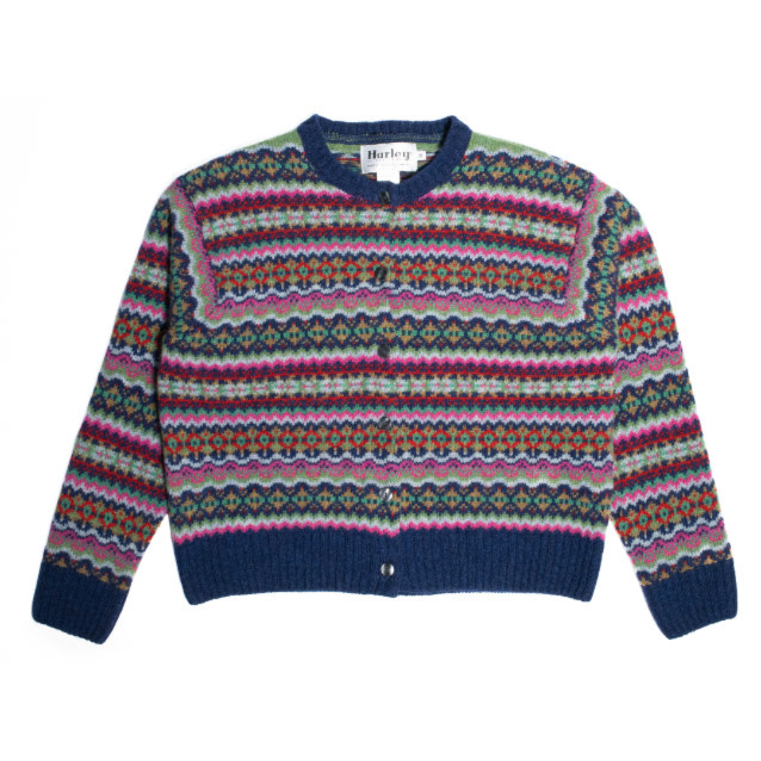 Fair Isle patterned cardigan in navy blue with multicolored horizontal stripes. Button front closure.