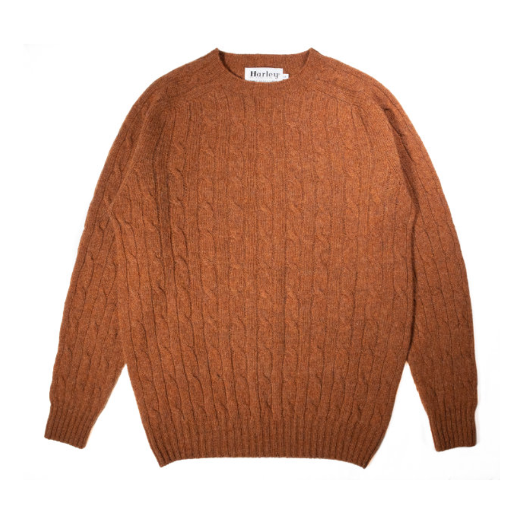 Russet brown cable knit wool sweater. Crew neck, long sleeves.