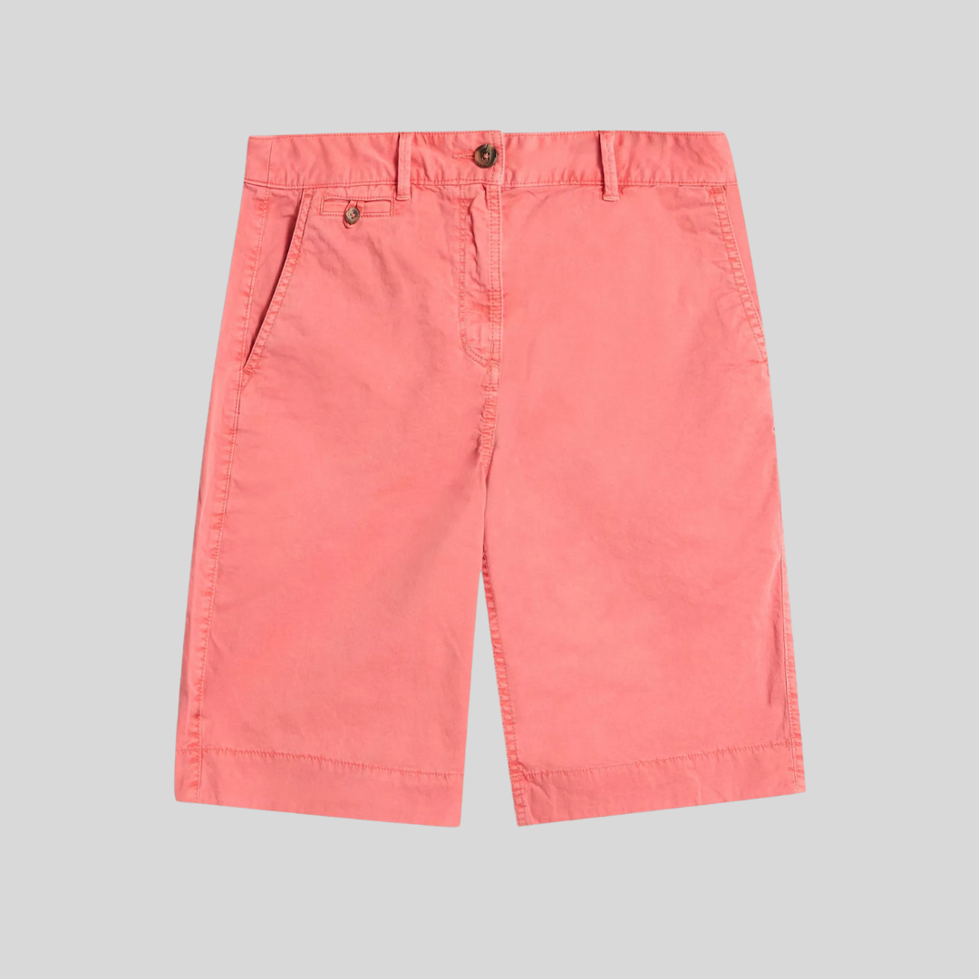 Coral-colored cotton shorts with front pockets and a button closure.