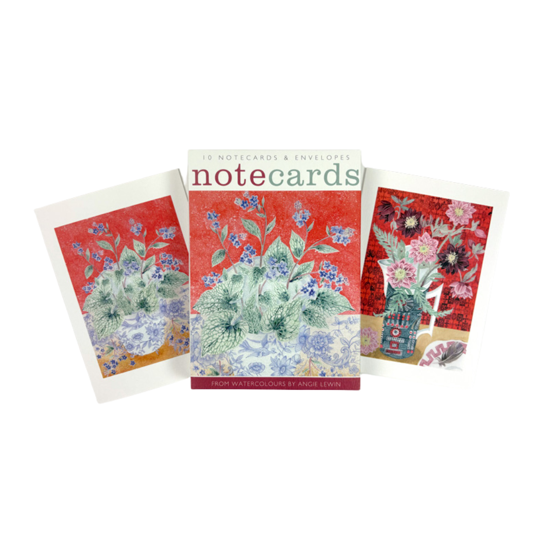 Box of 10 notecards and envelopes featuring watercolor floral illustrations in vases against red backgrounds.