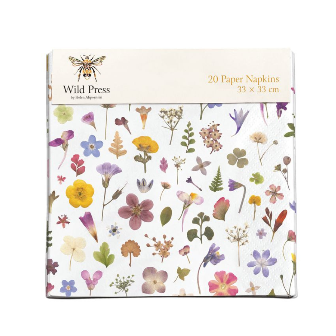 Twenty 33x33cm paper napkins featuring a pressed flower design.