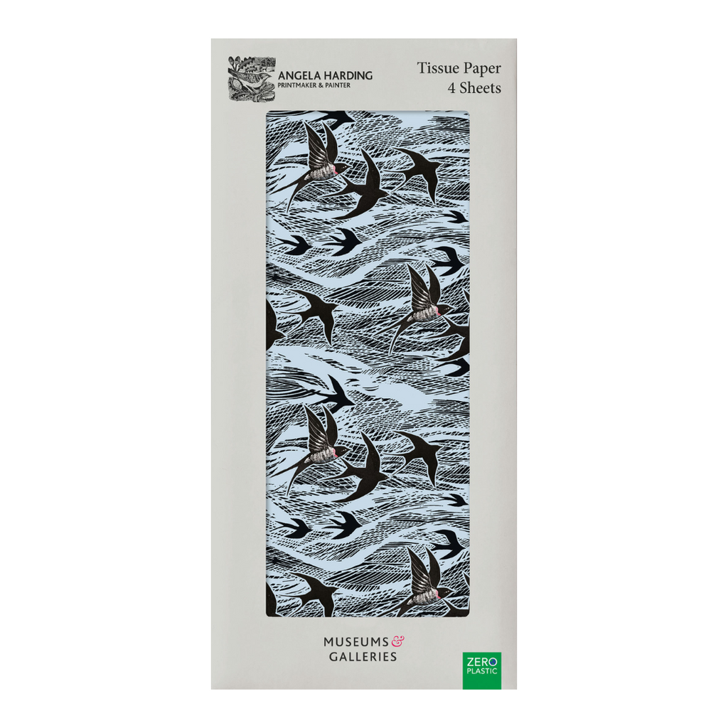 Four sheets of light blue tissue paper featuring a repeating pattern of black swallows in flight against a wavy background.