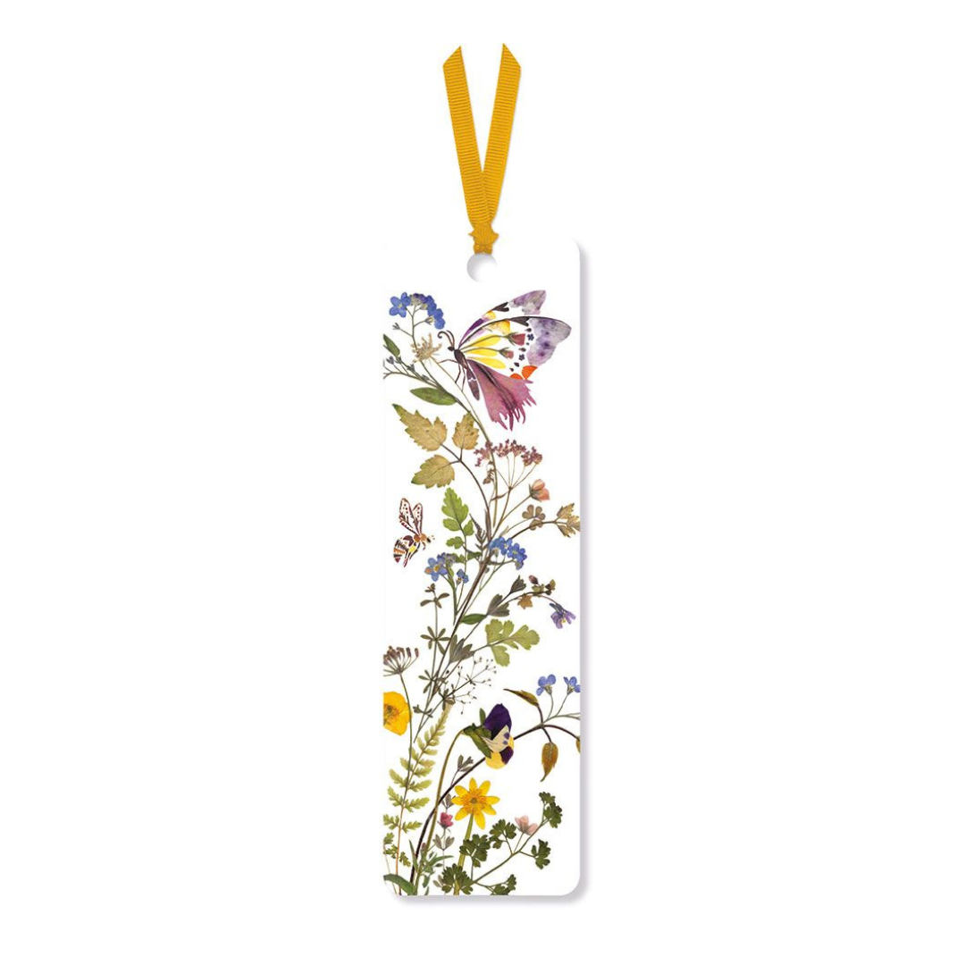 Bookmark featuring pressed wildflowers and a butterfly, accented with a yellow ribbon.