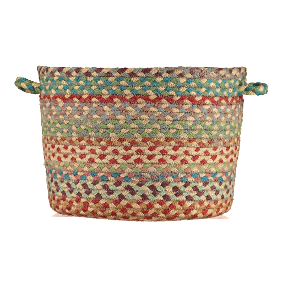 Multicolored braided jute storage basket with handles.