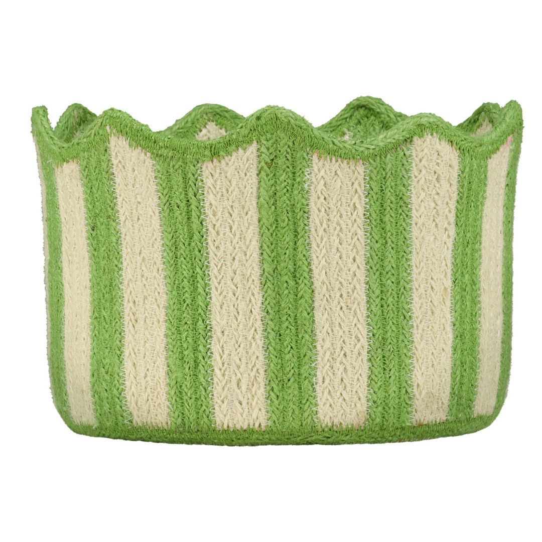 Green and cream striped woven basket with a scalloped top edge.