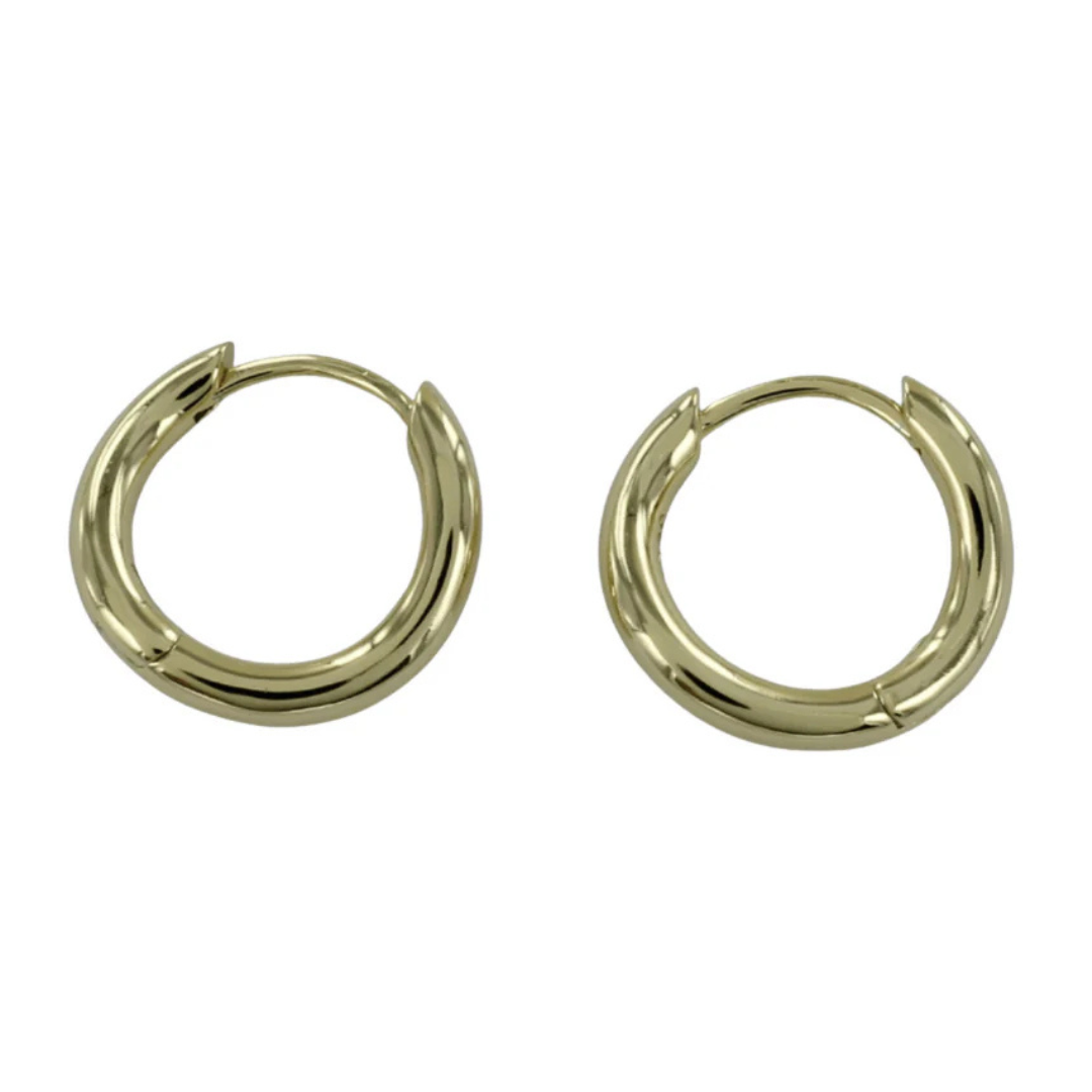 Pair of gold hoop earrings.  Smooth, rounded design.