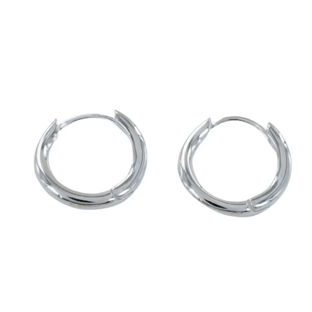 Pair of small, silver hoop earrings.  Smooth, slightly rounded surface.