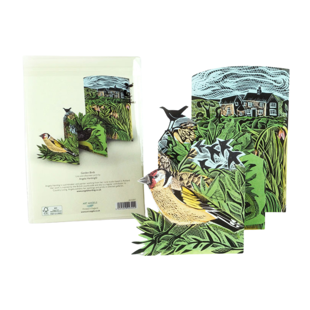 Pop-up card featuring a goldfinch and other birds in a garden setting, linocut style.