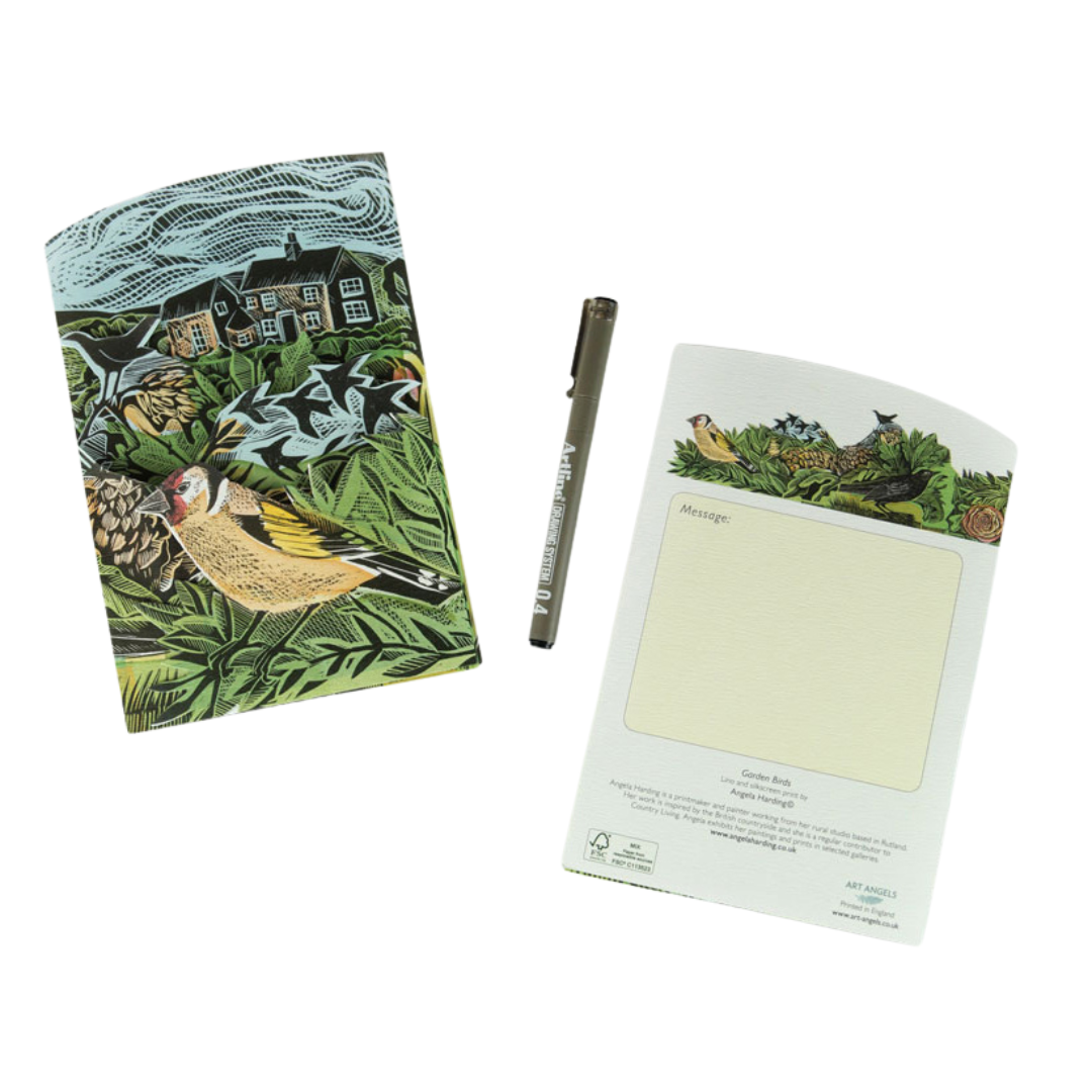 Goldfinch-illustrated notepad with pen;  notepad features nature scene and blank message area.