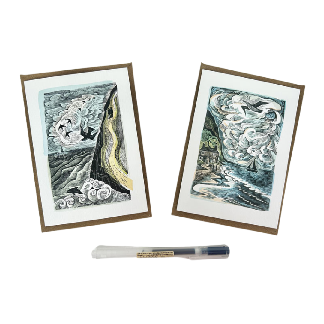 Two illustrated cards depicting coastal scenes.