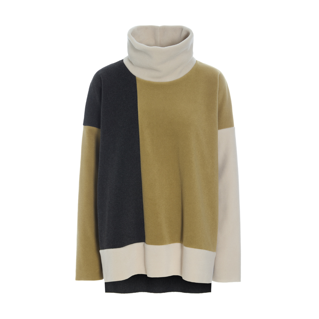 loose fit jumper with high neck - patch colours of khaki, cream and black 