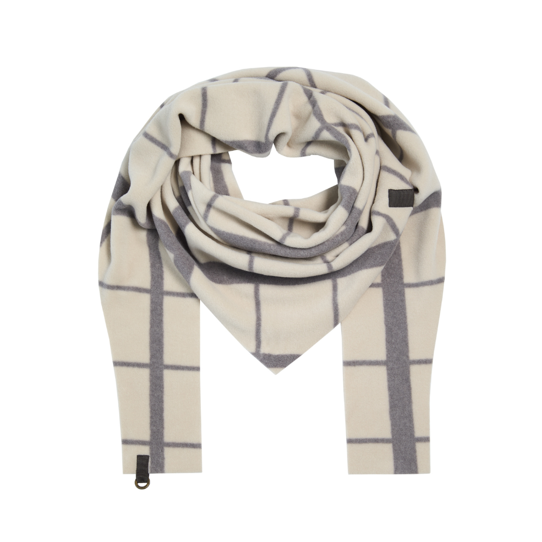 Plaid scarf with black and white pattern on a white background