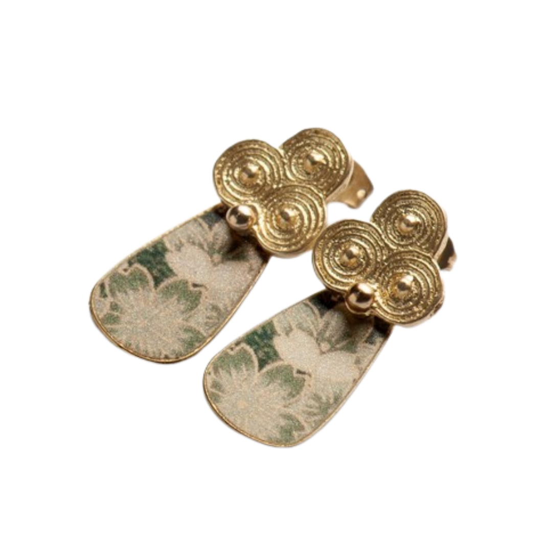 Pair of teardrop earrings.  Gold-tone tops feature three concentric circles.