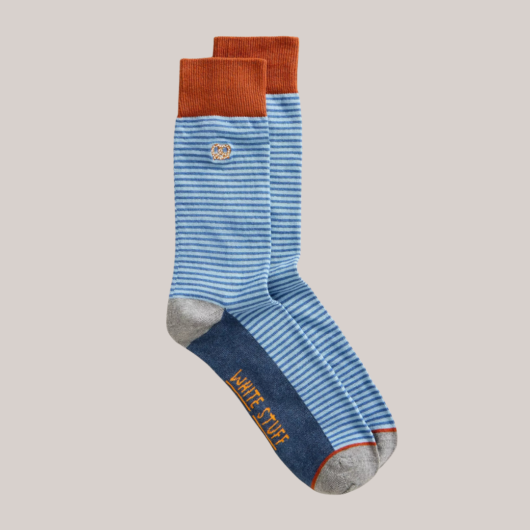 Blue striped socks with pretzal design. 