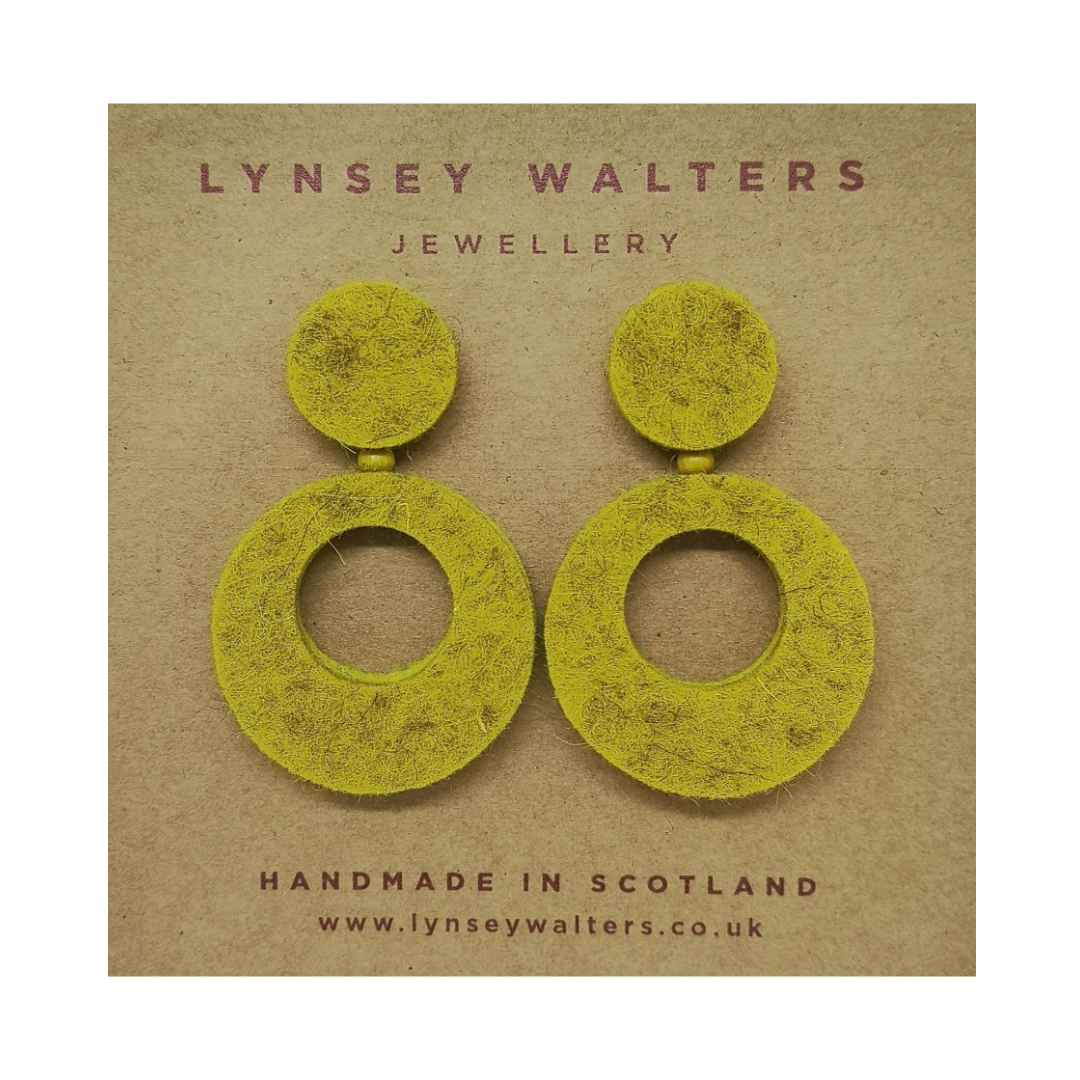 Yellow earrings on a Lynsey Walters branded card