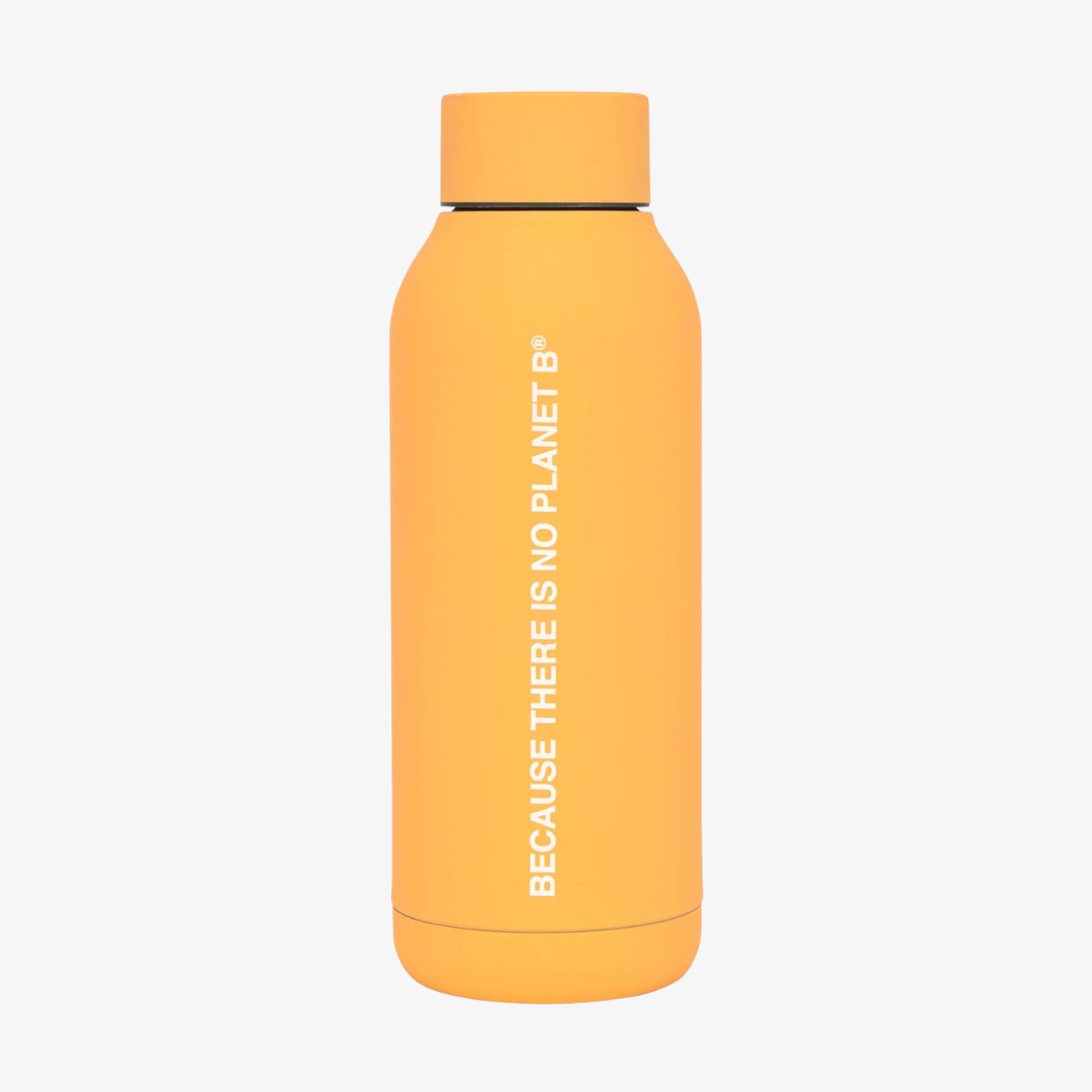 Yellow water bottle with text on a white background