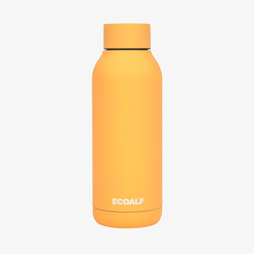 Yellow water bottle with 'ECOALF' branding on a white background