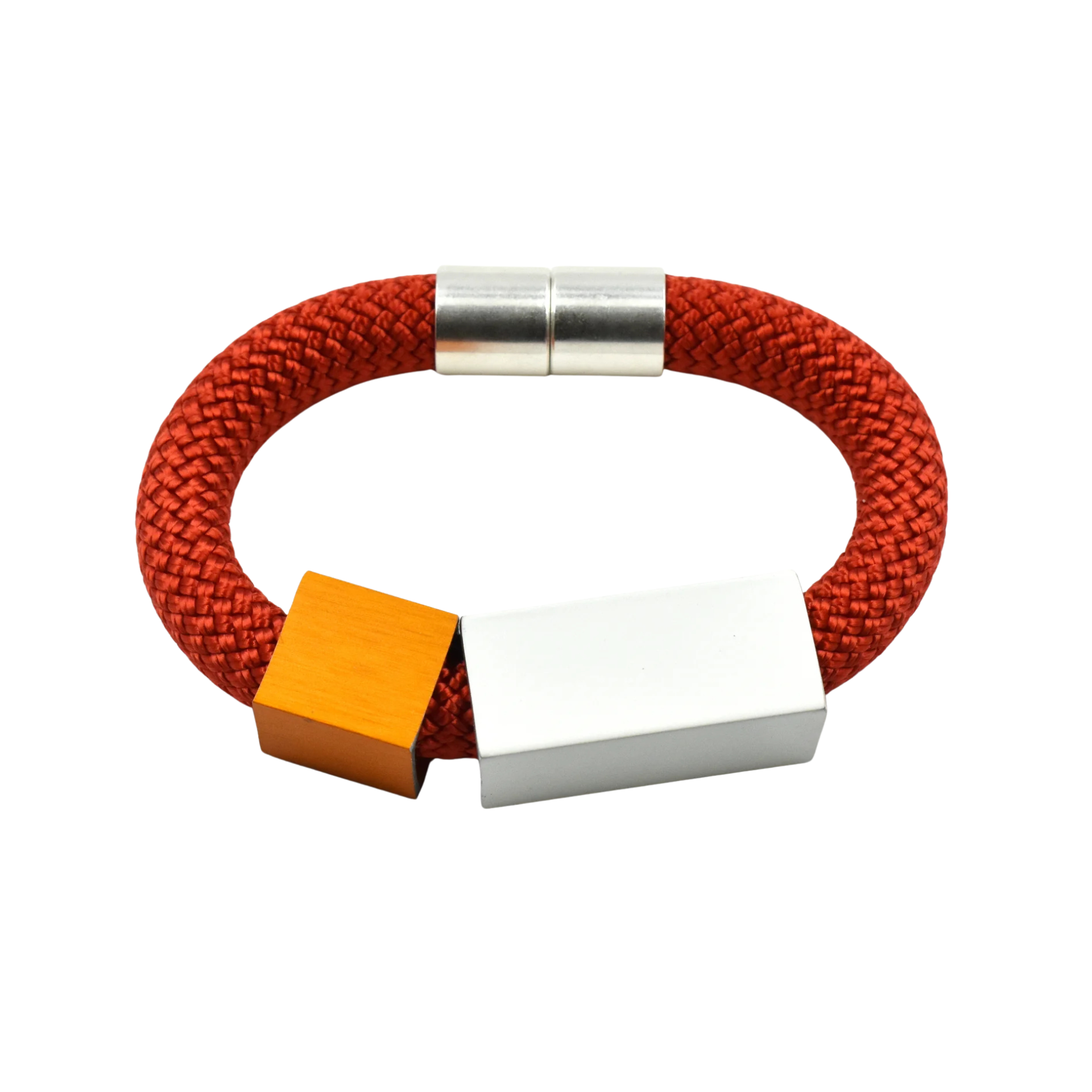 A red braided cord bracelet with a silver rectangular bar, a silver cylindrical clasp, and a small orange wooden cube accent, shown on a plain white background.