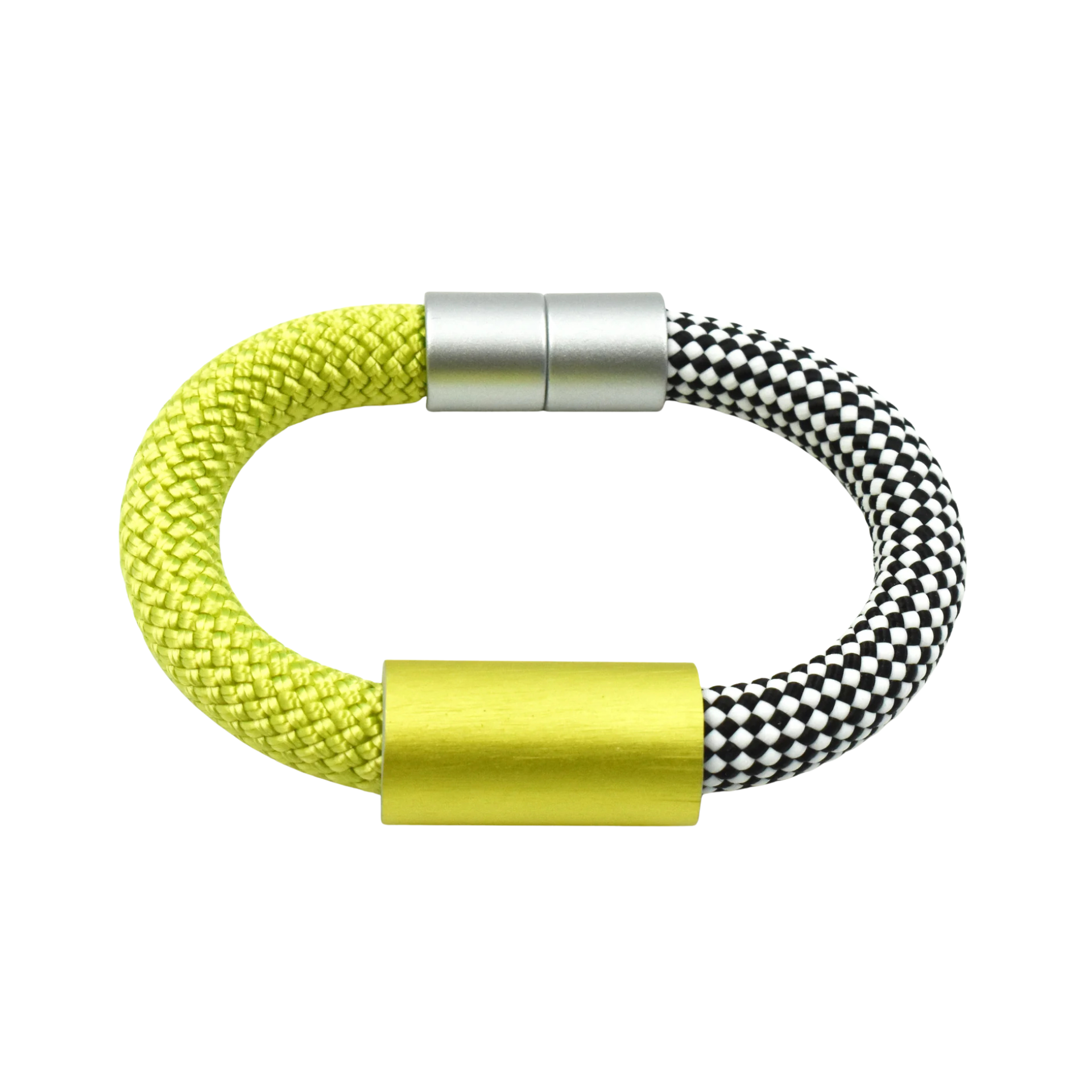 A braided bracelet with a bright yellow-green braided cord on one side and a black and white checkered pattern on the other, featuring a shiny yellow-green metal clasp and a silver magnetic end.