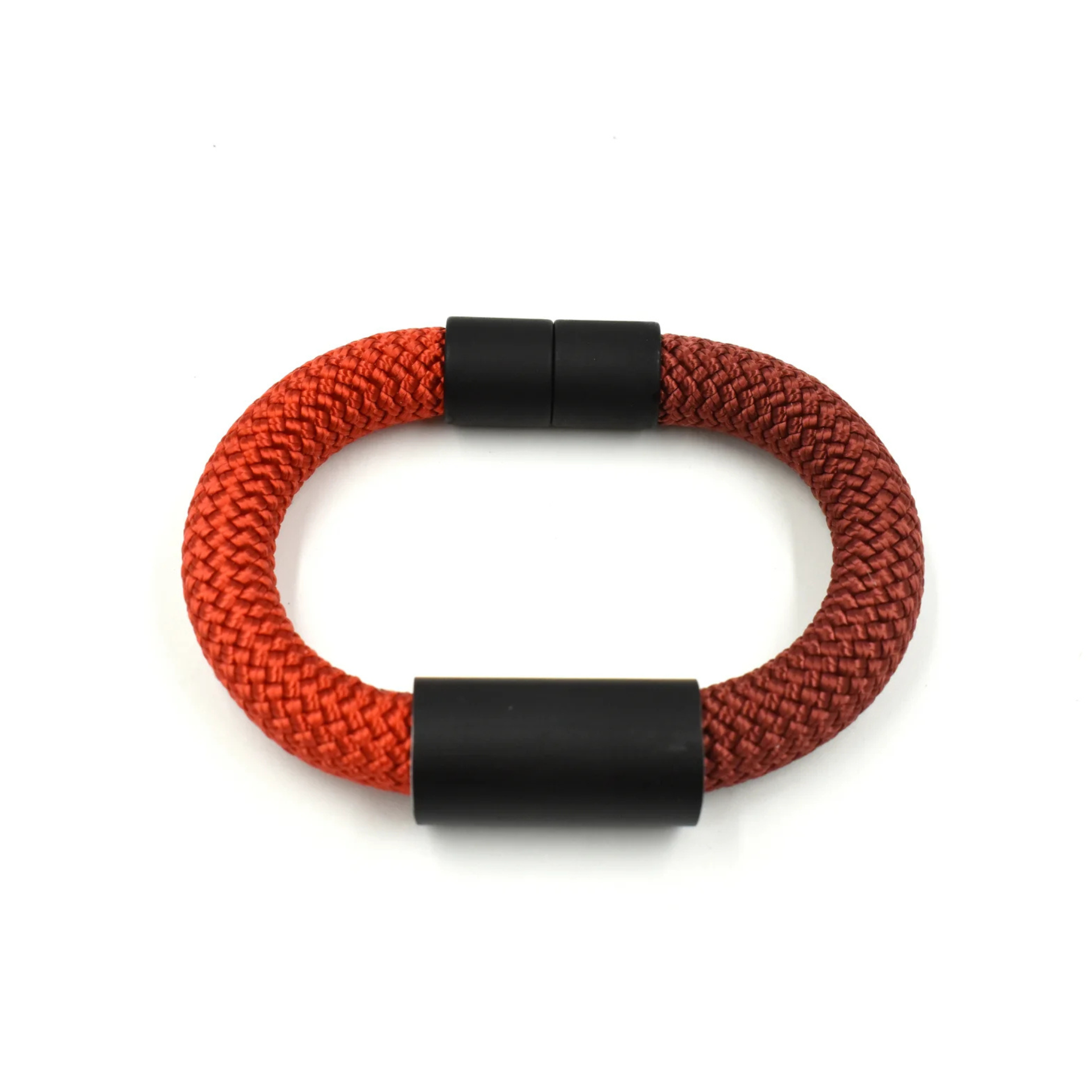 A braided red-orange rope bracelet with matte black cylindrical end caps, shown on a plain white background.