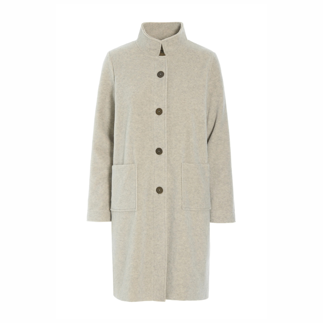A light beige wool-blend coat with a high stand collar, front button closure, and two large front patch pockets, shown on a plain white background.