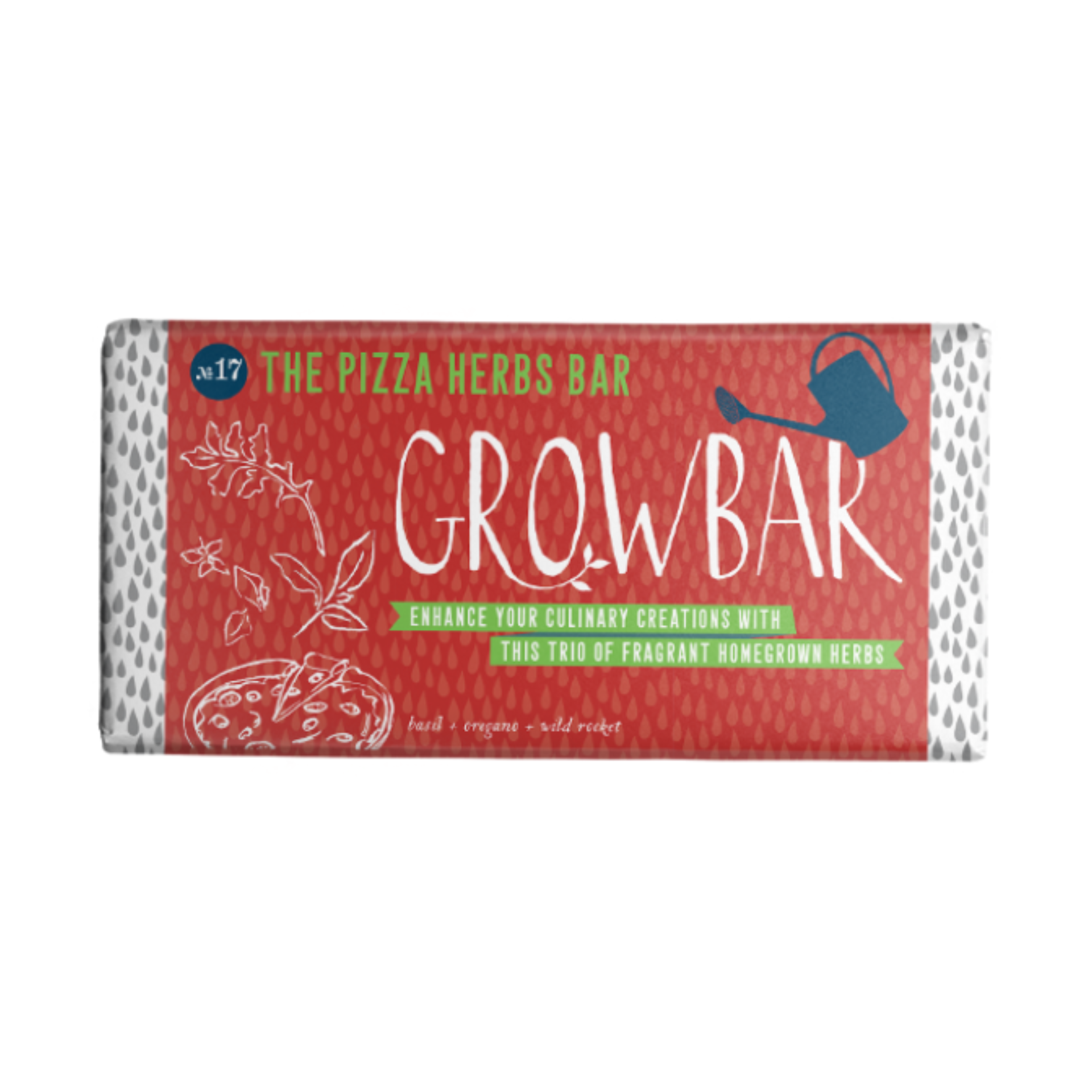 A packaged herb bar labeled 'GROWBAR' with a red front panel, white patterned sides, and printed text including 'THE PIZZA HERBS BAR' and 'enhance your culinary creations with this trio of fragrant homegrown herbs.'.