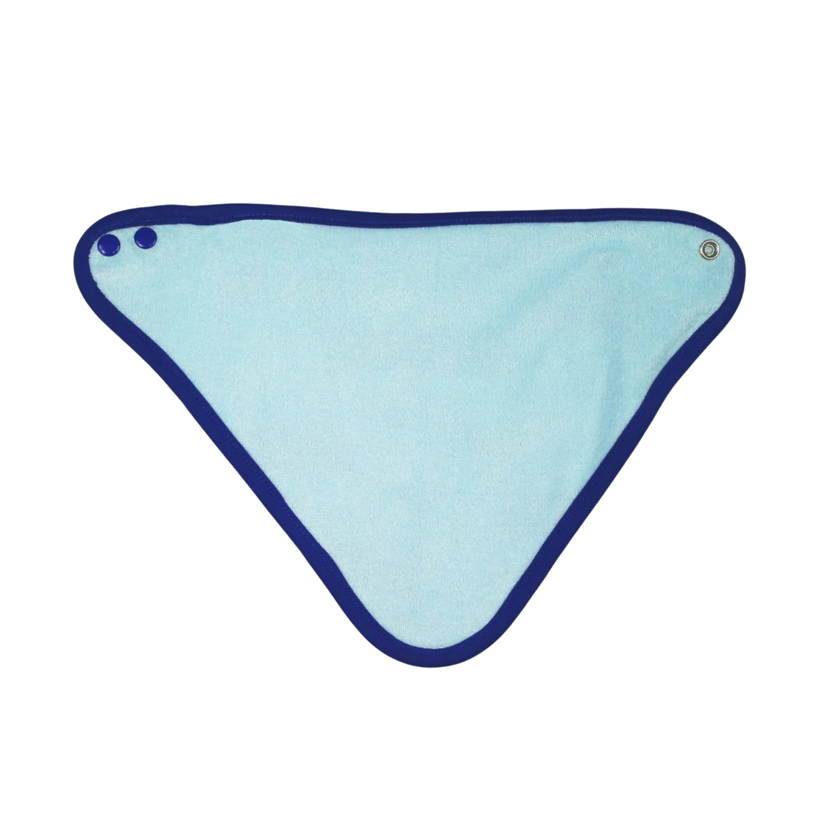 A light blue triangular fabric bib with a dark navy blue border, featuring two blue buttons on one corner and a metal fastening on the opposite side, shown on a plain white background.