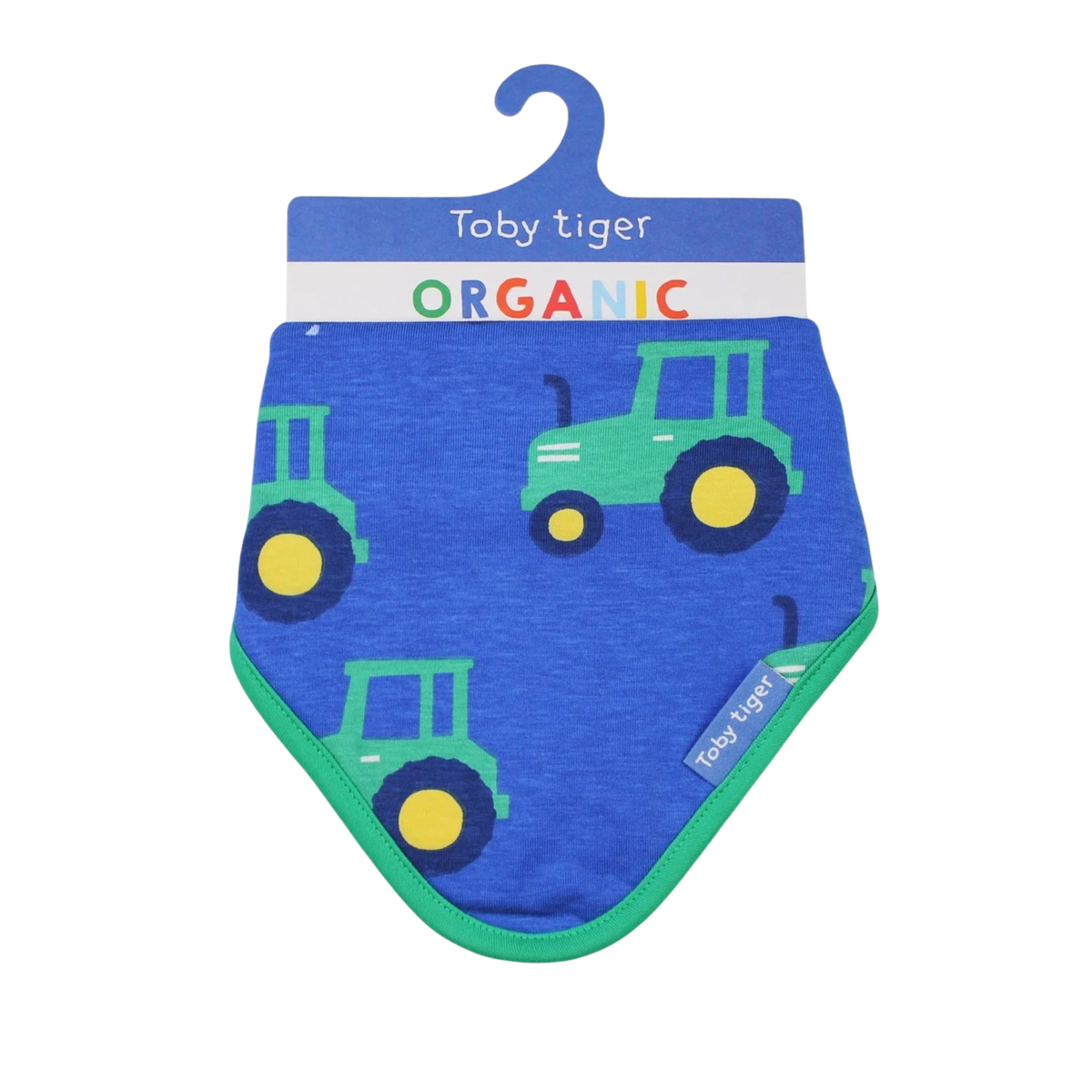 A blue baby bib with a green tractor pattern and green trim, hanging on a blue cardboard hanger that reads 'Toby tiger' and 'ORGANIC'.