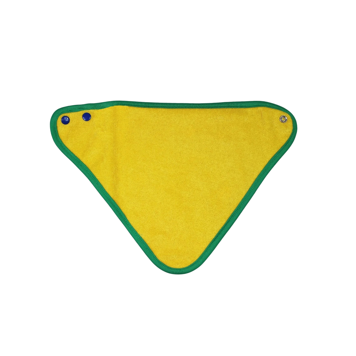 A triangular yellow baby bib with a green border and two metal grommets, shown on a plain white background.