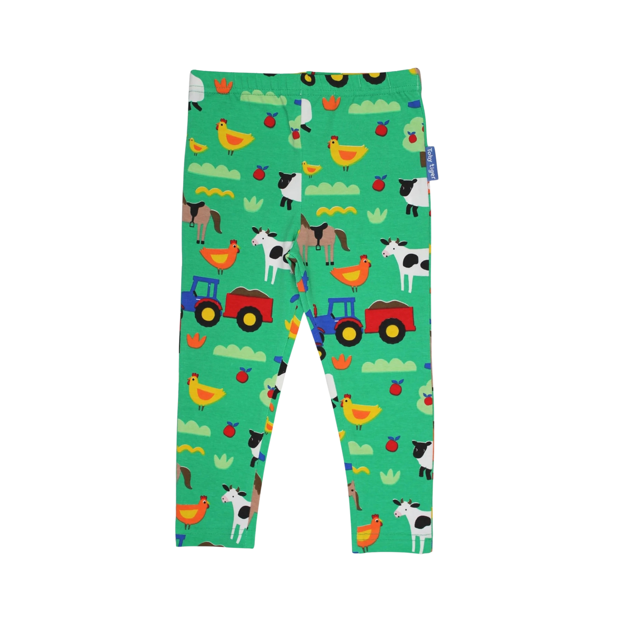 Green children's leggings with a colorful farm animal and tractor print, shown flat against a white background.