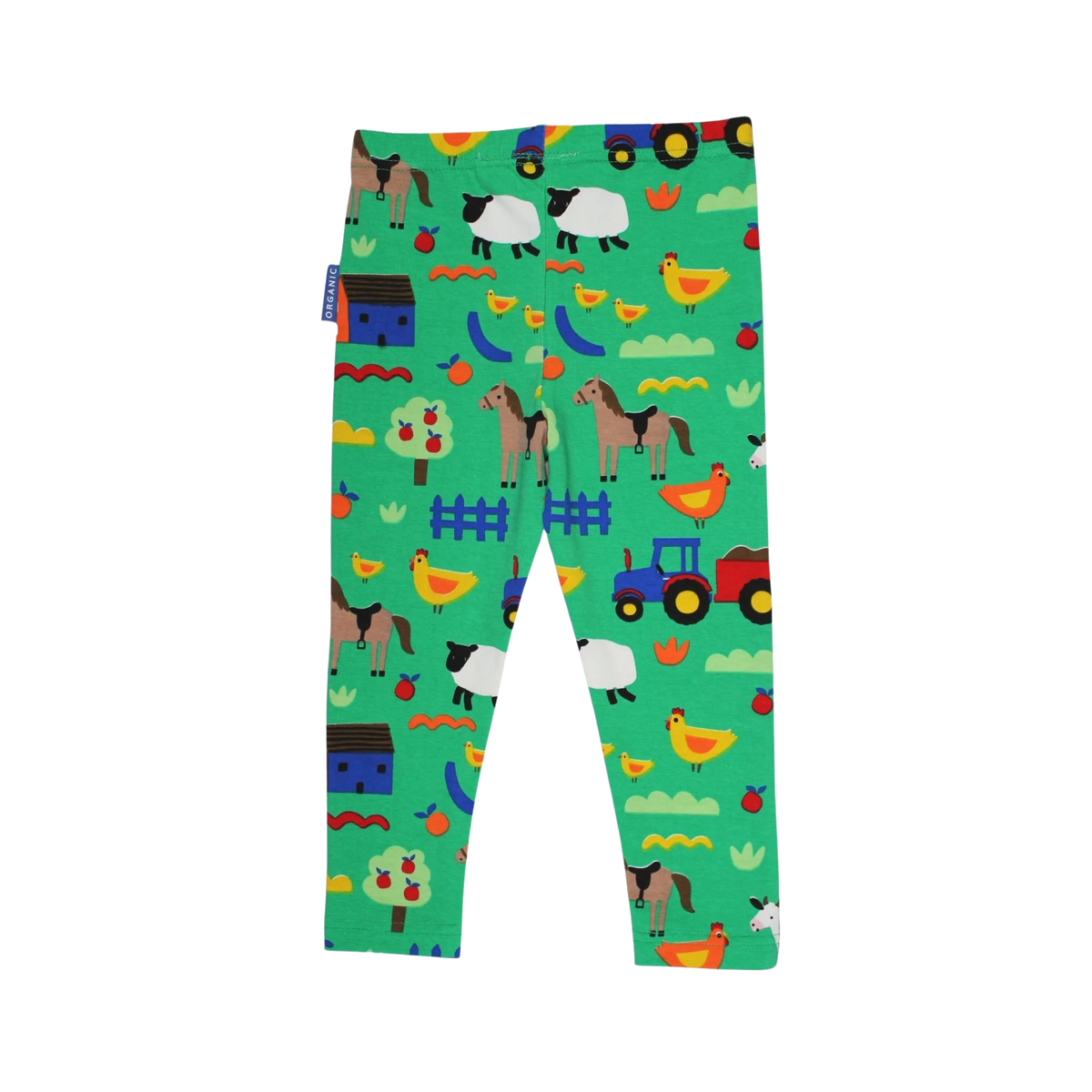 Green children's leggings with a colorful farm animal and tractor pattern, shown flat against a white background.