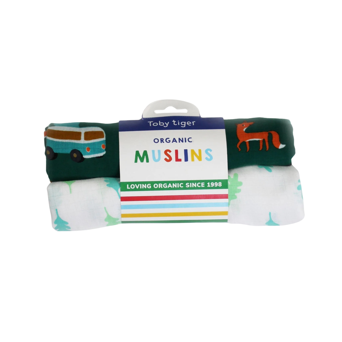 A packaged set of two organic muslin baby blankets by Toby Tiger. The top blanket is dark green with a light blue and brown van print, and the bottom blanket is white with a mint green leaf print.