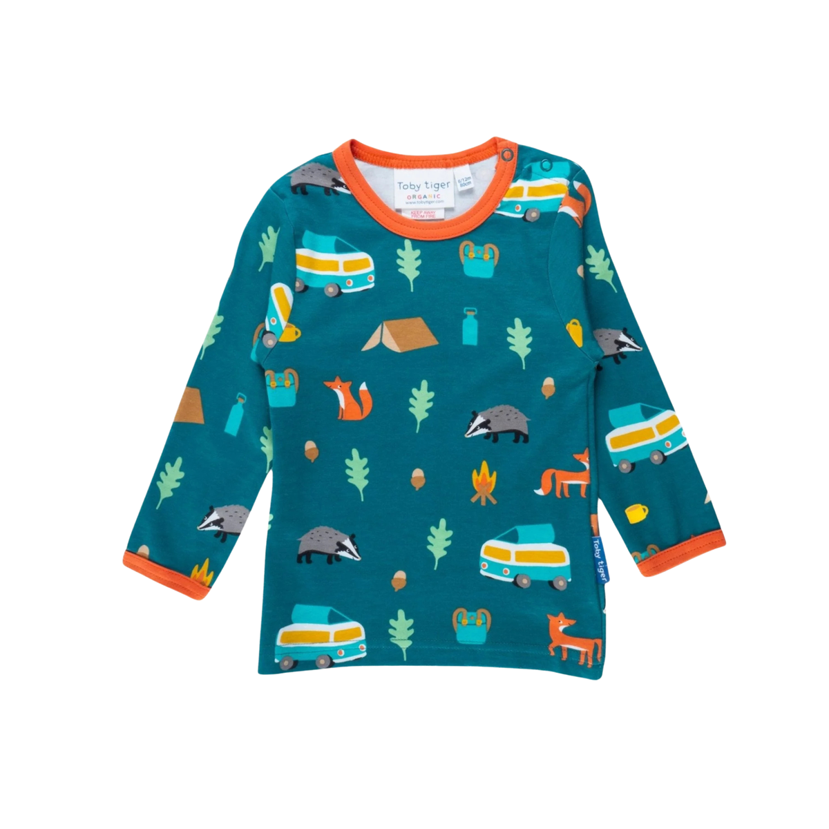 A toddler's long-sleeve crewneck t-shirt in teal with an all-over camping and forest-themed print, featuring orange trim on the collar and cuffs.