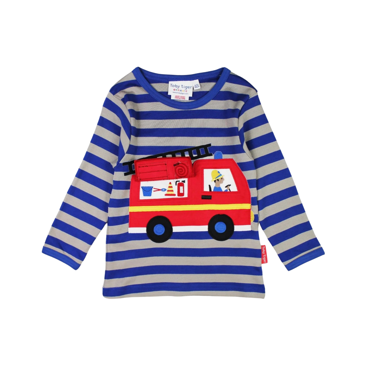 A children's long-sleeve top with blue and gray horizontal stripes, featuring a red fire truck applique on the front with a firefighter character inside.