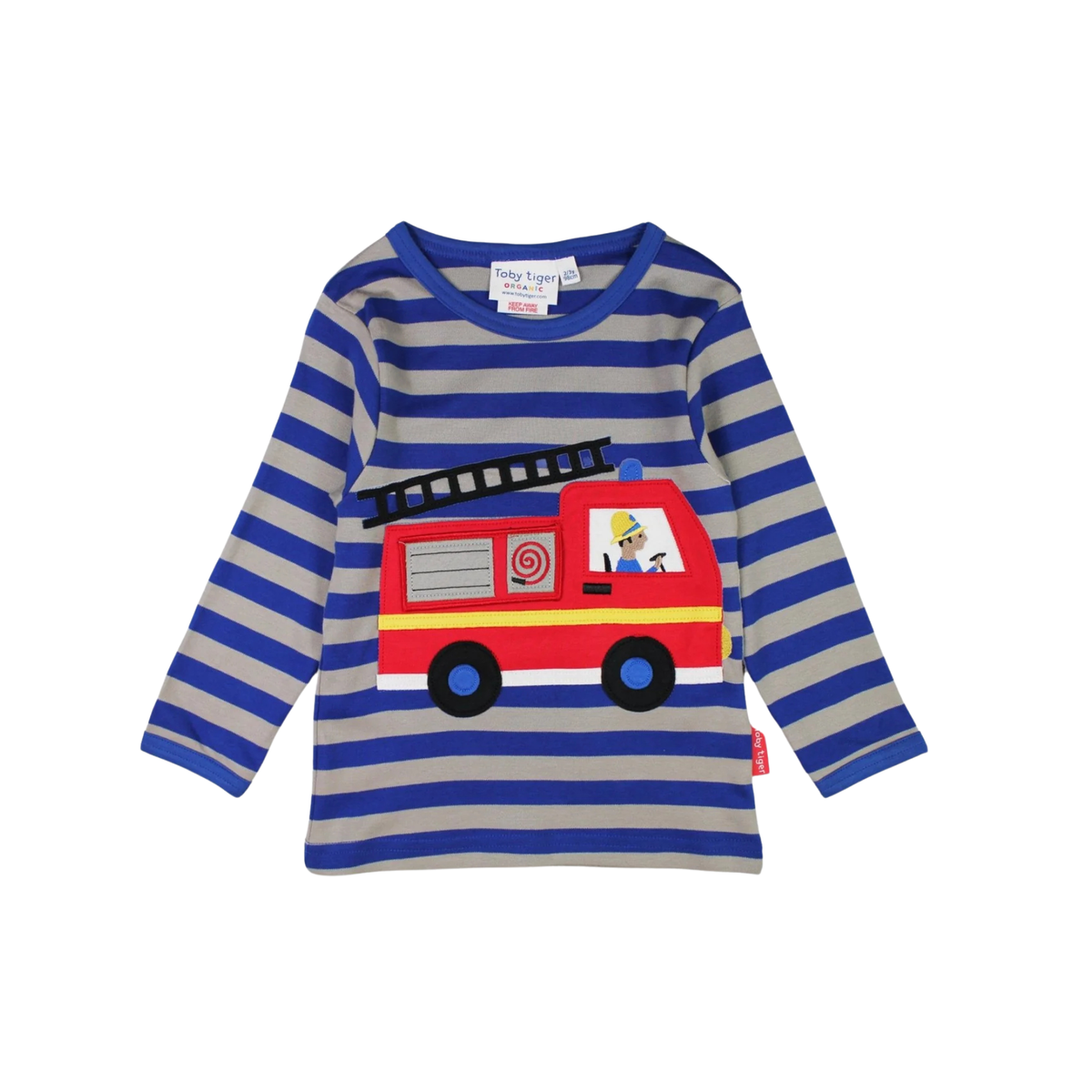 A long-sleeve children's shirt with blue and gray horizontal stripes, featuring a red fire truck applique on the front with a firefighter character.