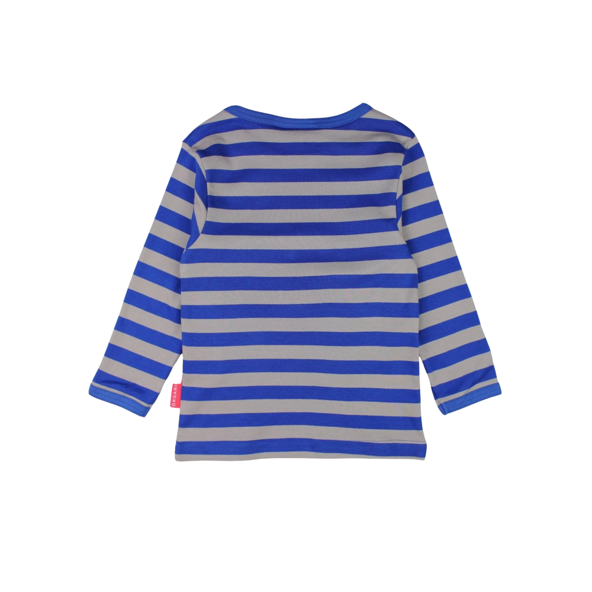 A long-sleeve striped shirt shown from the back, featuring alternating royal blue and light gray horizontal stripes, photographed on a solid white background.