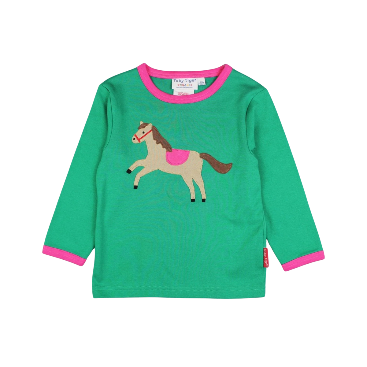 A toddler's long-sleeve t-shirt in bright green with pink trim on the collar and cuffs, featuring a cartoon horse graphic on the front.