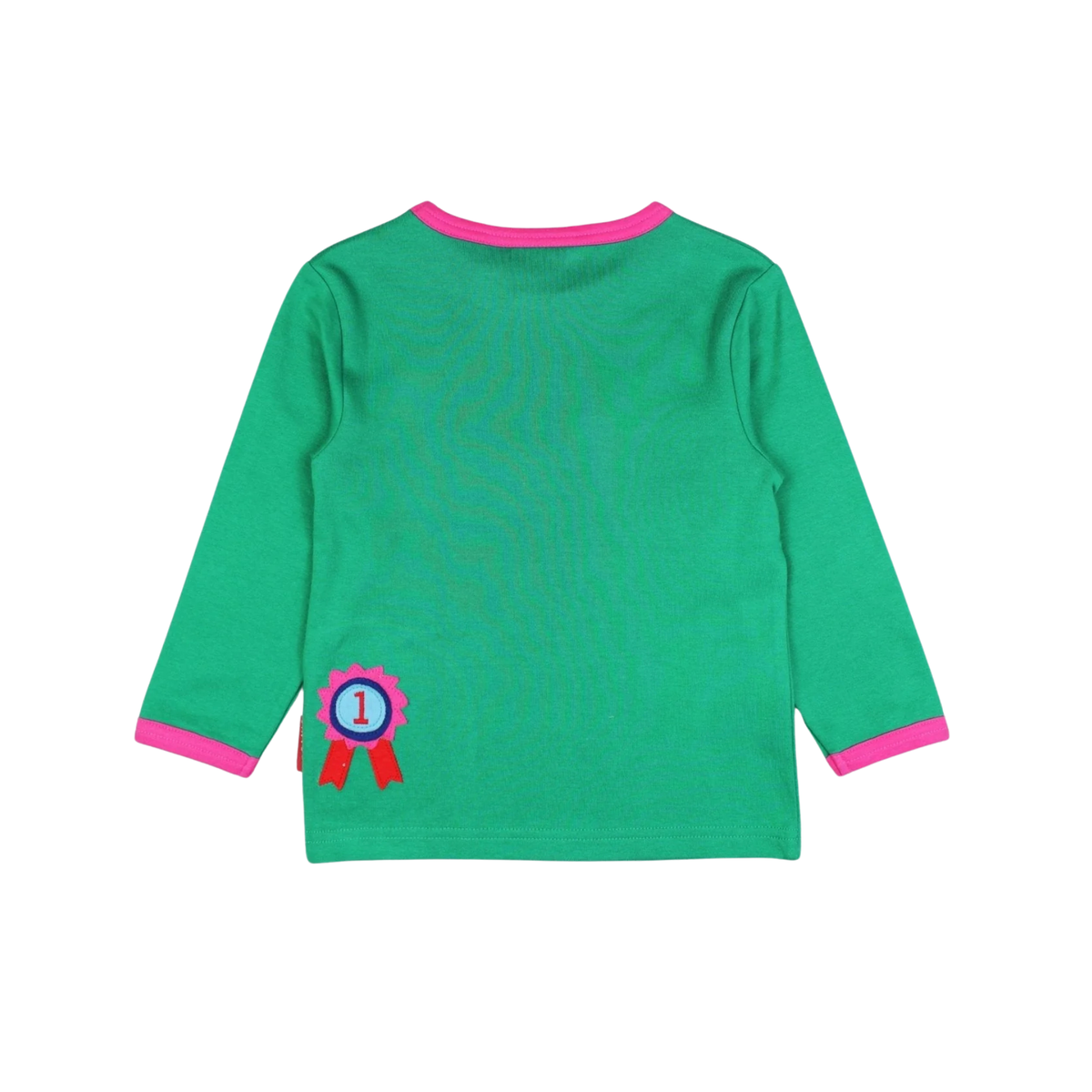 A green long-sleeve baby shirt with pink trim on the collar and cuffs, featuring a pink and blue ribbon badge with the number 1 on the lower left front.