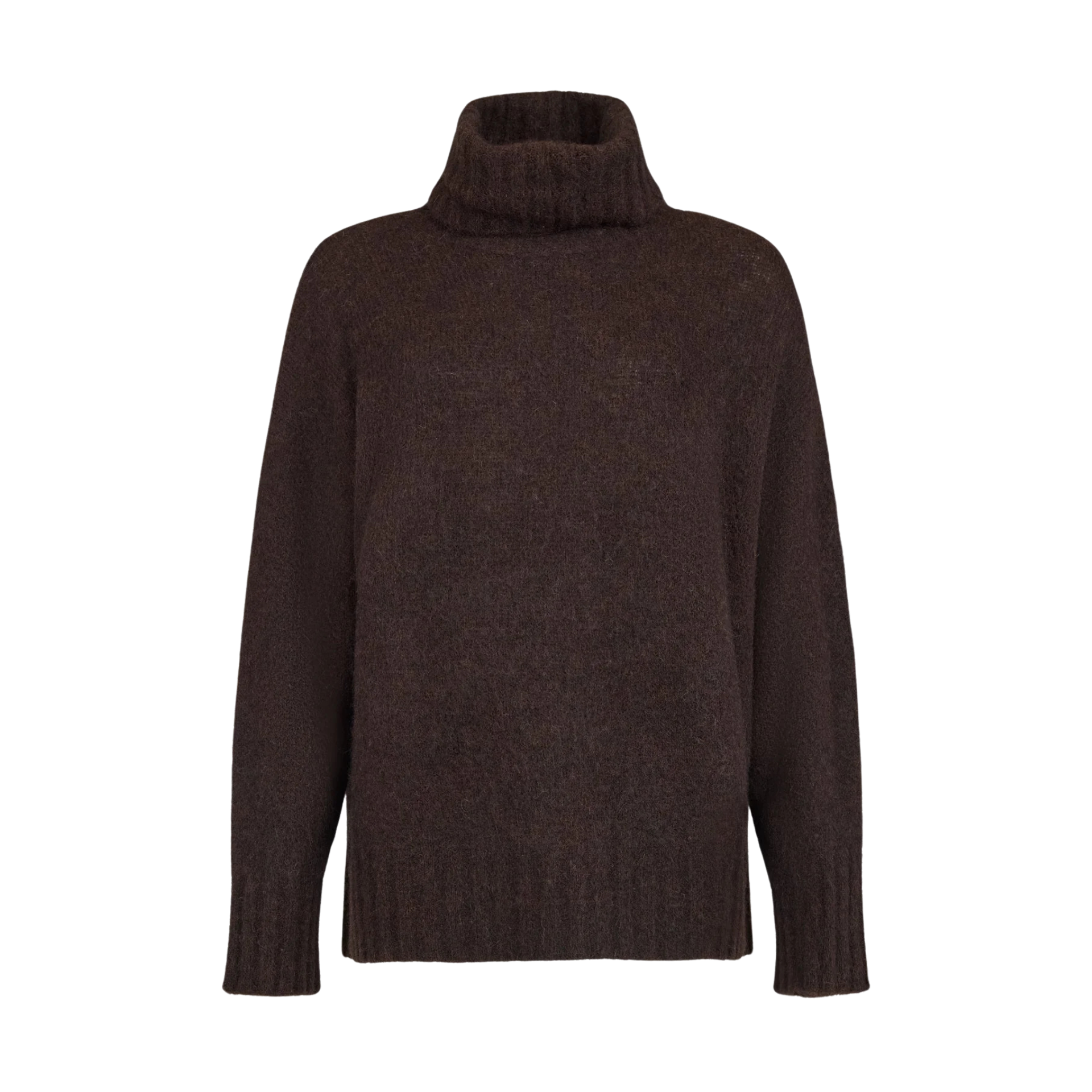 A knitted brown jumper with a high neck and ribbed sleaves sits against a white background