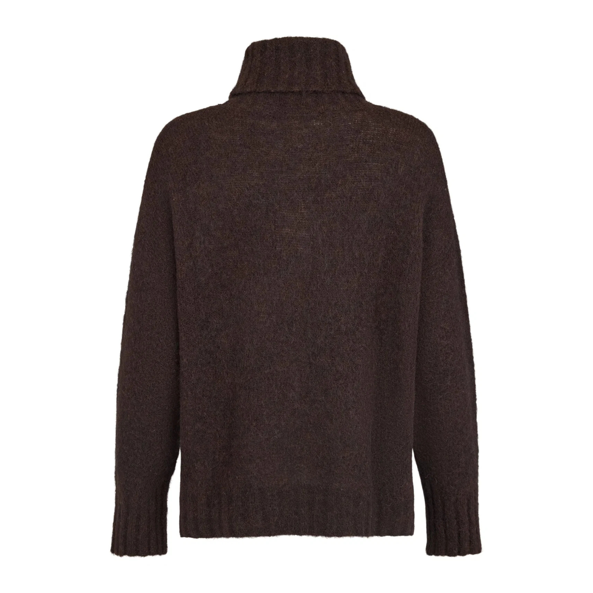 A dark brown textured knit turtleneck jumper shown from the back, isolated on a solid white background.