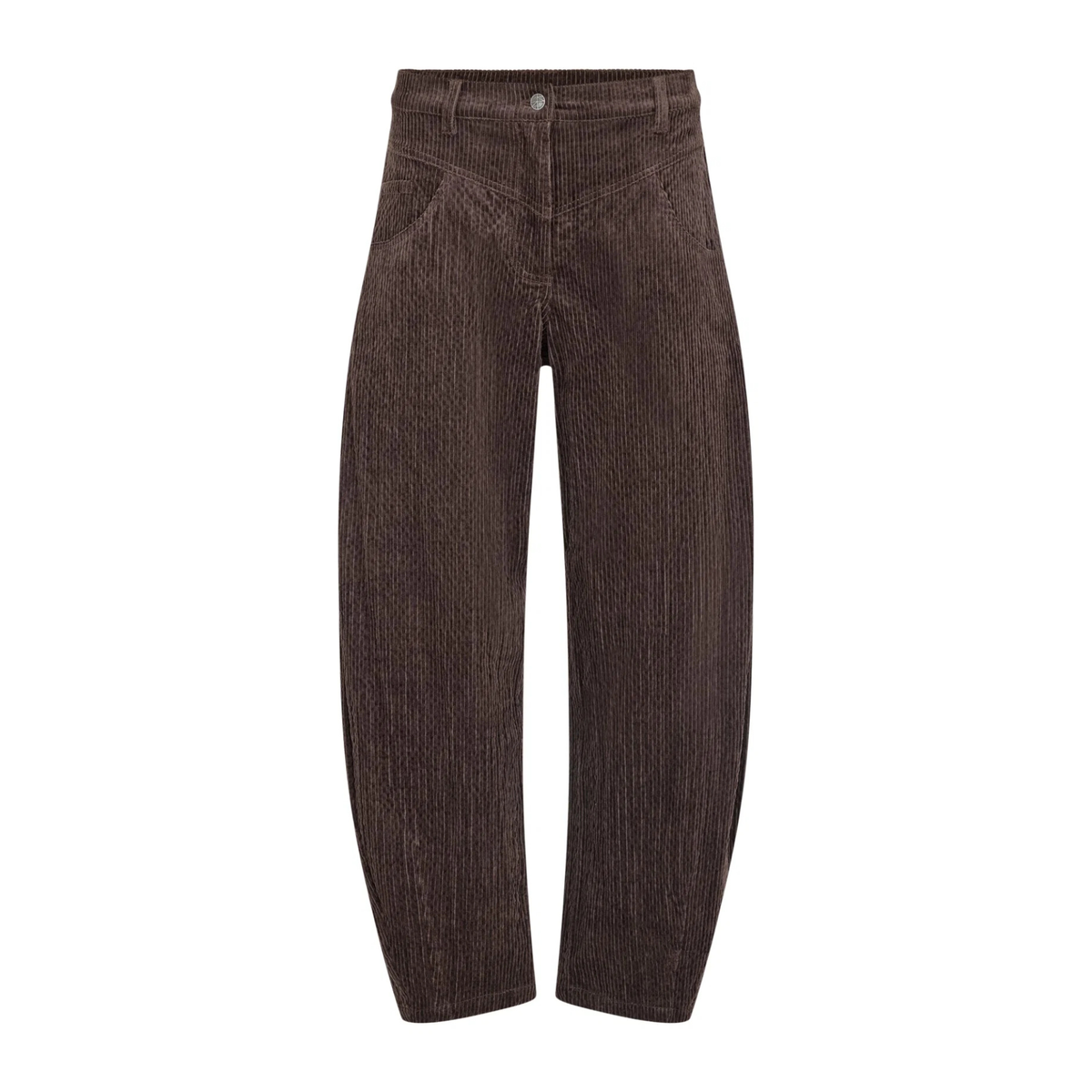 A pair of dark brown cord trousers with pockets shown from the front, isolated on a solid white background.