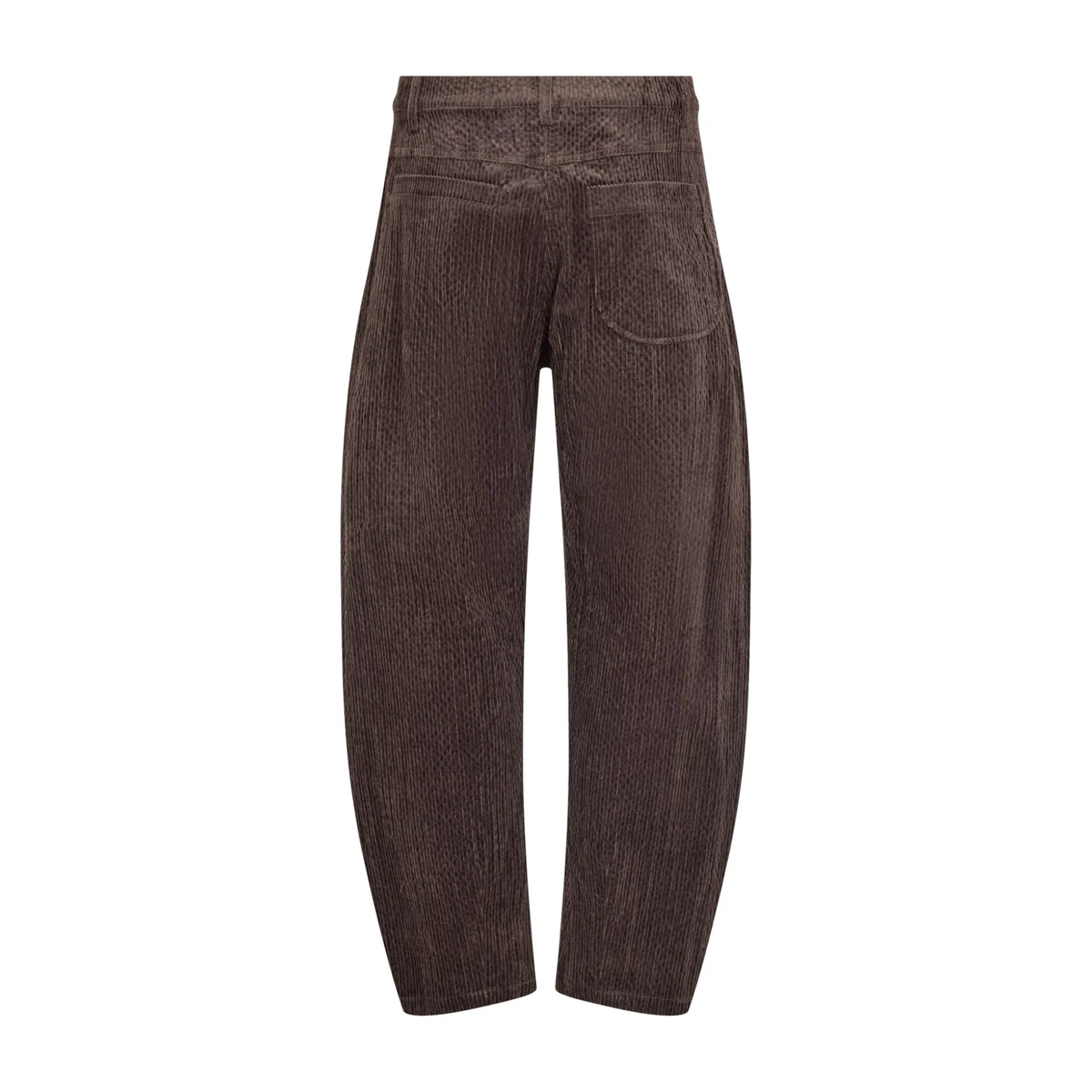A pair of dark brown cord trousers with pockets shown from the back, isolated on a solid white background.